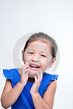 Asian girl headshot in white background laugh out lound photo