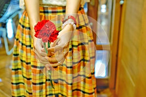 Asian girl is holding the red carnation flower.