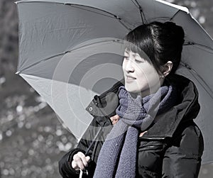 Asian girl holding umbrella against the sun