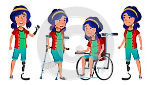 Asian Girl Kid Poses Set Vector. High School Child. Disabled. Wheelchair. Amputation Prosthesis. For Banner, Flyer, Web