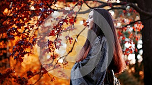 Asian girl in kimono on background of red maple