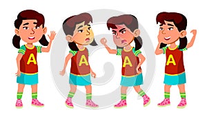 Asian Girl Kindergarten Kid Poses Set Vector. Baby Expression. Preschooler. Life. For Postcard, Announcement, Cover