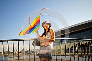 Asian Girl with kite under the sun photo