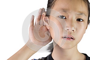 Asian girl listening by handâ€™s up to the ear