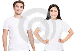 Asian girl and man in blank template t shirt isolated on white background. Guy and young woman in tshirt with copy space mockup