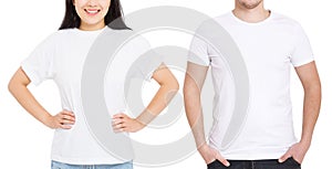 Asian girl and man in blank template t shirt isolated on white background. Guy and young woman in tshirt with copy space, mockup