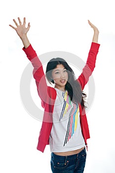 Asian girl raise arms