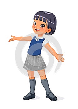 Asian girl in school uniform greeting with wide open arms. Cartoon vector illustration.