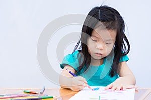 Asian girl is sitting and doing homework. Child use wooden colors to paint on drawing book. Happy children to make art.