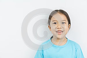 Asian girl smiling on white background.