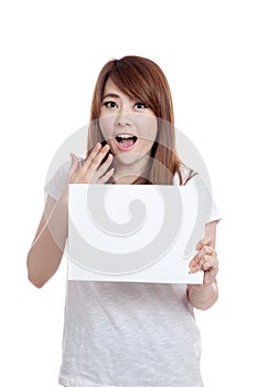 Asian girl surprise with blank sign in hand