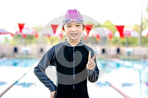 Asian Girl with Swimsuit Ready for Swimming Competition at Swimming Pool