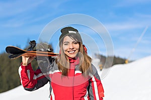 Asian Girl Tourist Snowboard Ski Resort Snow Winter Mountain Happy Smiling Woman On Holiday