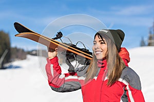 Asian Girl Tourist Snowboard Ski Resort Snow Winter Mountain Happy Smiling Woman On Holiday