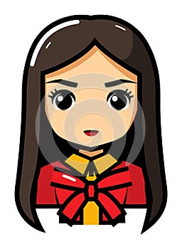 Asian girl in traditional red outfit with bow, kawaii style character. Cartoon cute female, manga style illustration