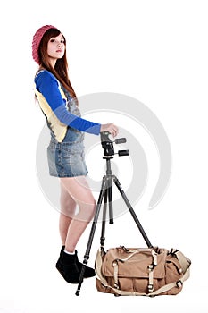 An Asian girl with the tripod