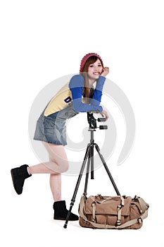 An Asian girl with the tripod