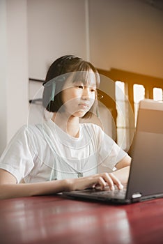 An Asian girl is using a laptop computer to study online.