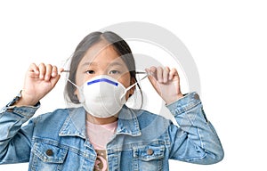 Asian  girl wear N95 mask to protect PM 2.5 dust and air pollution