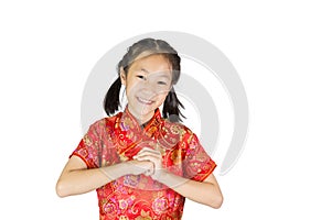 Asian girl wearing red Chinese suit