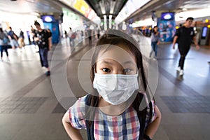 Asian girl is wearing white protective mask in the crowd of people,health concept