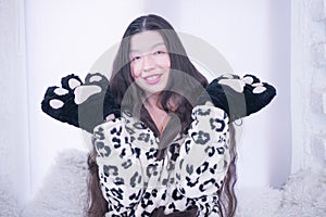 Asian girl wears Cat Paw Gloves for Cosplay on White Background