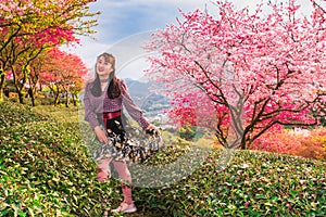 Asian girls in the cherry blossom bushes in spring