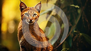 Asian golden cat in a forest. Catopuma temminckii family of Felidae