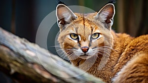 Asian golden cat in a forest. Catopuma temminckii family of Felidae