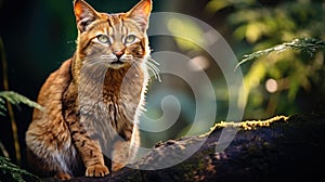 Asian golden cat in a forest. Catopuma temminckii family of Felidae