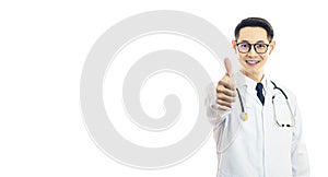 Asian good doctor man smile and thumbs up for best health and insurance package plan for advertising, over isolated white