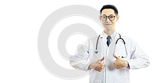 Asian good doctor man smile and thumbs up for best health and insurance package plan for advertising, over isolated white