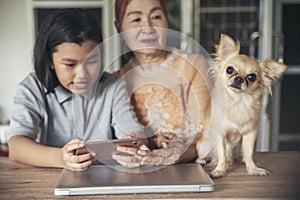 Asian grandmother and Kid using mobile phone together. Thai Elderly Woman and Child learn online study at home. Grandmother