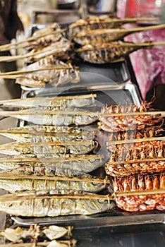 Asian grilled barbecued seafood in kep market cambodia