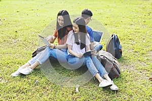 Asian group education, campus, friendship and people concept group of happy teenage students.