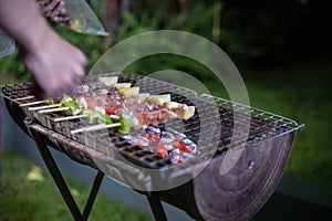 Asian group of friends having outdoor garden barbecue laughing w