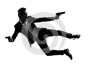 Asian gunman killer jumping shooting silhouette