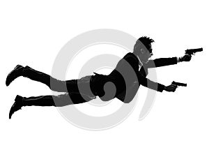 Asian gunman killer jumping shooting silhouette