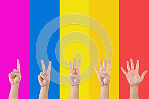 Asian hand counts 1 to 5 by finger on the seperated - saturated rainbow such as pink blue yellow orange and red sections