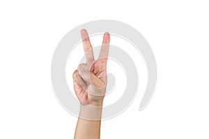 Asian hand shows and counts 2 finger on isolated white background with clipping path