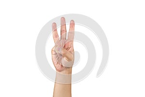 Asian hand shows and counts 3 finger on isolated white background with clipping path