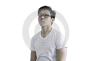 Asian handsome man with white shirt and orange eyeglasses has di