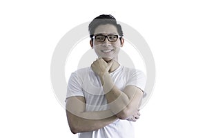 Asian handsome man with white shirt and orange eyeglasses has se