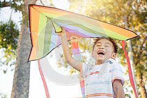 Asian happy children boy with a kite running to fly on in park