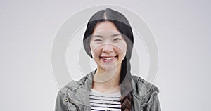 Asian, happy and face of woman on a white background for confidence in school or scholarship. Smile, young and portrait