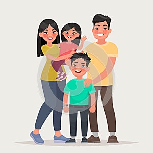 Asian happy family. Dad, mom, daughter and son together. Vector photo