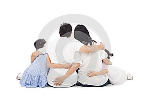 Asian happy family sitting on floor . isolated on white