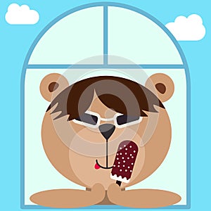 Asian harsh teddy bear in dark glasses, spectacles. Bear with ice cream looking out