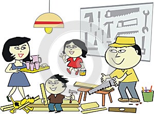 Asian home workshop cartoon