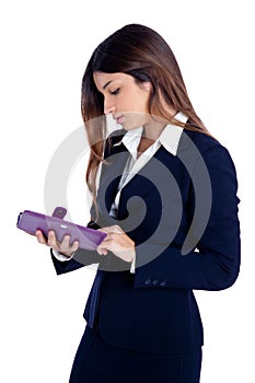 Asian indian business woman reading ebook tablet